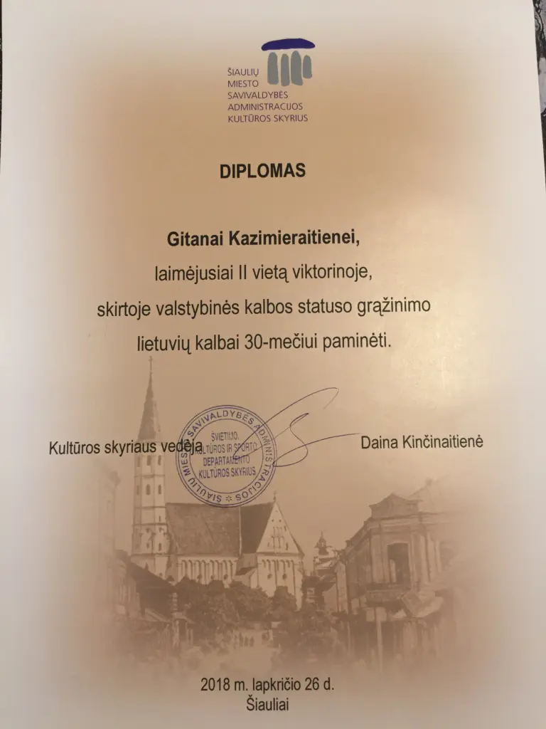 Sveikiname geografijos mokytoją Gitaną Kazimieraitienę, laimėjusią II vietą konkurse, skirtame valstybinės kalbos statuso grąžinimo lietuvių kalbai 30 – mečiui paminėti.