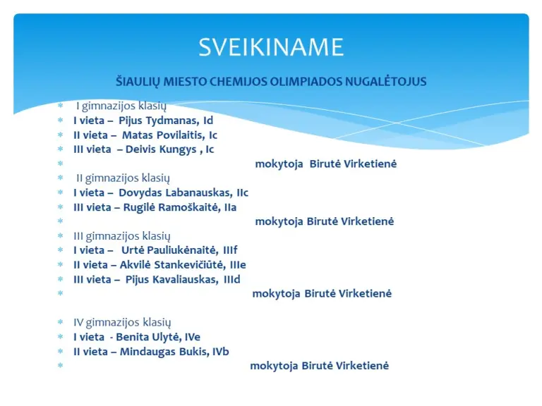 Šiaulių miesto chemijos olimpiados nugalėtojai