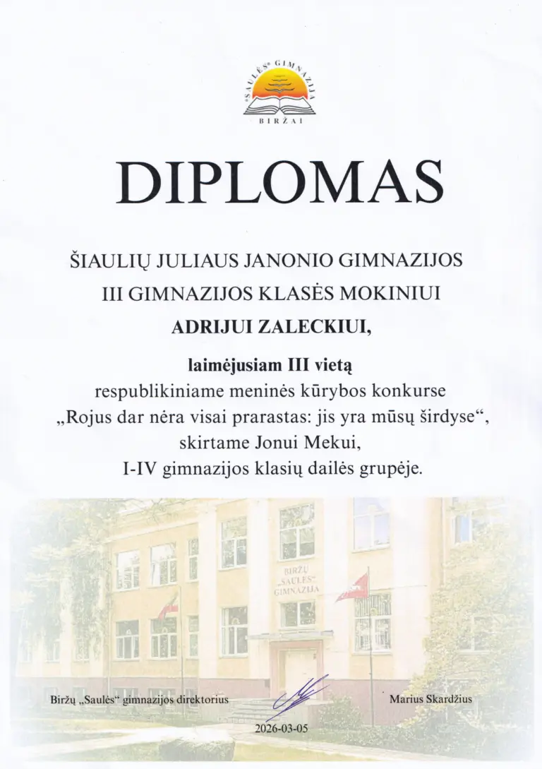 Nuotrauka 1: Respublikinio meninės kūrybos konkurso „Rojus dar nėra visai prarastas: jis yra mūsų širdyse“, skirto Jonui Mekui laimėtojai:
