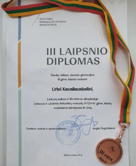 Nuotrauka 3: J.Janonio gimnazijos moksleivių sėkmė šalies Lietuvių kalbos ir literatūros olimpiadoje
