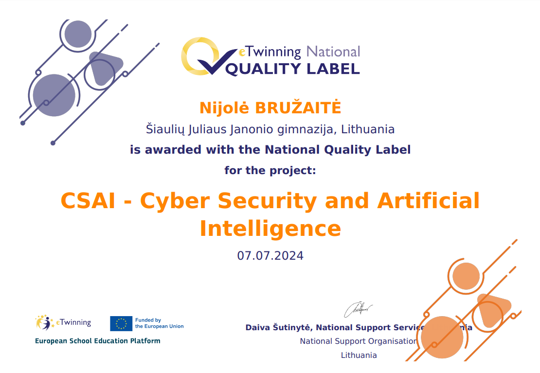 Nuotrauka 6: eTwinning projektas „CSAI – Cyber Security and Artificial Intelligence”