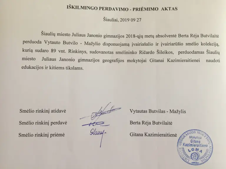 Olego Truchano vardo geografijos kabinetui perduota Ričardo Šileikos sudovanota smėlio kolekcija