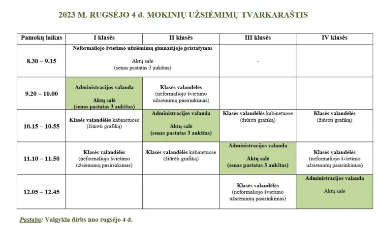 Nuotrauka 1: 2023 M. RUGSĖJO 4 d. MOKINIŲ UŽSIĖMIMŲ TVARKARAŠTIS
