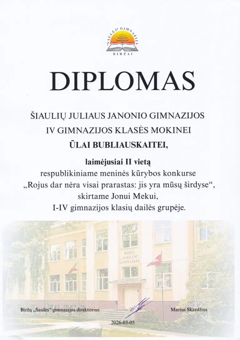 Nuotrauka 2: Respublikinio meninės kūrybos konkurso „Rojus dar nėra visai prarastas: jis yra mūsų širdyse“, skirto Jonui Mekui laimėtojai: