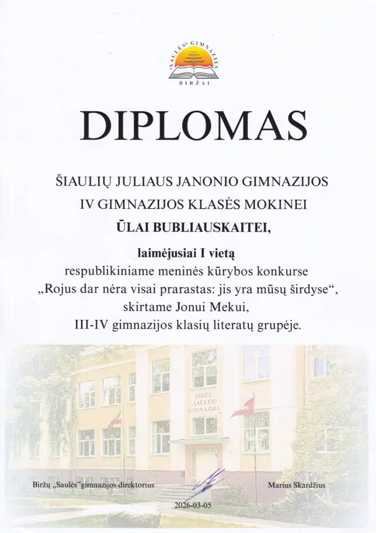 Nuotrauka 3: Respublikinio meninės kūrybos konkurso „Rojus dar nėra visai prarastas: jis yra mūsų širdyse“, skirto Jonui Mekui laimėtojai: